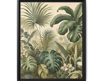 Botanical Jungle Canvas Wall Art, Vintage Tropical Foliage Print, Framed Artwork