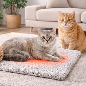 May include: Three cats of varying colors are on a gray heated pet bed. One cat is gray, one is orange, and the third is a kitten. The bed is rectangular and has a red glow. The cats are in a living room setting.