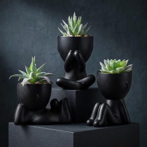3 Pack Fake Succulents Black Human Shaped Pots, Artificial Plants Desk Bathroom Bedroom Decor, Gothic Halloween Low Maintenance Decor