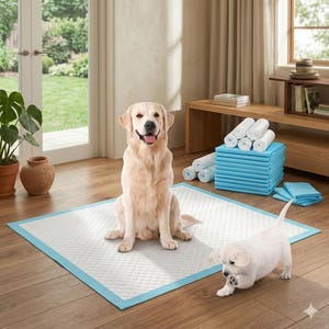 May include: A Golden Retriever sits on a white and blue pet training pad, with a puppy nearby. A stack of blue pads and rolled-up white pads are in the background. The room has a wooden floor and a view of a garden.