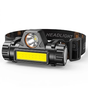Puede incluir: Linterna frontal LED negra con luz COB amarilla y luz central brillante. La correa negra tiene la palabra "HEADLIGHT" impresa. La linterna frontal está diseñada para actividades al aire libre y trabajo.