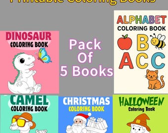 Puede incluir: Un paquete de cinco libros para colorear imprimibles con varios temas. Los libros incluyen "Dinosaurio", "Alfabeto", "Camello", "Navidad" y "Halloween". Cada libro presenta ilustraciones coloridas y el título del libro.