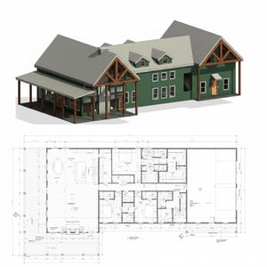 Può includere: Un rendering architettonico 3D di una casa verde con tetto grigio e dettagli in legno. La casa ha un portico coperto e diverse finestre. Sotto, una planimetria dettagliata con layout e dimensioni delle stanze.