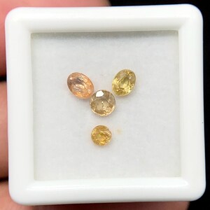 May include: A collection of four gemstones in a white square container. The gemstones vary in shape and color, with hues of yellow and orange. The gemstones are oval and round, and are displayed against a white background.