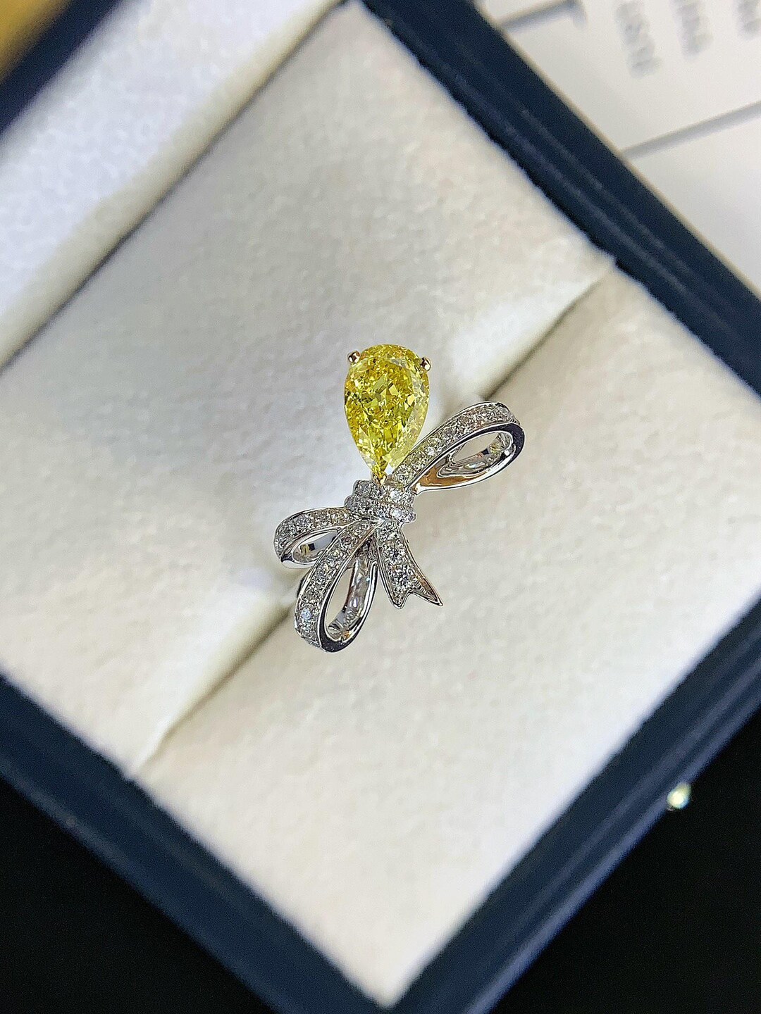 Pear Bow Yellow Pear Diamond Bow Engagement Ring, Halo Diamond Bridal - Etsy