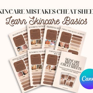 Könnte beinhalten: Eine Sammlung von Spickzetteln zur Hautpflege mit dem Titel "Skincare Mistakes Cheat Sheets" und dem Untertitel "Learn Skincare Basics". Die Blätter sind beige und braun mit Text und Bildern. Das Canva-Logo befindet sich unten rechts.