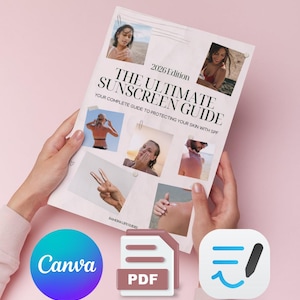 May include: A book titled "The Ultimate Sunscreen Guide" with the text "2026 Edition" and "Your Complete Guide to Protecting Your Skin with SPF." The cover features photos of people at the beach. Canva, PDF, and a note-taking app icons are also visible.