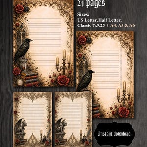 May include: Stationery pages featuring a gothic aesthetic with illustrations of black ravens, red roses, lit candelabras, and stacks of books. The text includes 24 pages, sizes US Letter, Half Letter, Classic 7x9.25, A4, A5, A6, and Instant download.