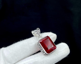 925 Sterling Silver Ruby Red Gemstone Silver Pendant, Handmade Jewelry Gift For Her