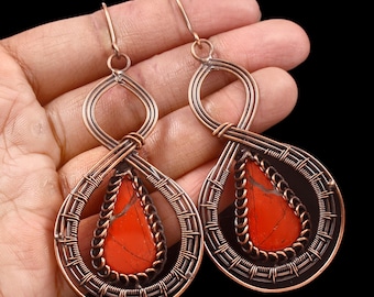 Red Jasper copper wire wrapped Earrings: Handcrafted Gemstone Jewelry