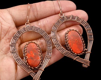 Red Jasper Copper Wire Wrapped Earrings: Handmade Boho Crystal Jewelry