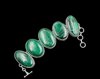 Pulsera de malaquita hecha a mano, joyería de piedras preciosas de plata de ley 925
