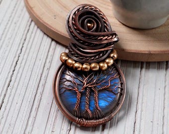 Colgante de alambre de cobre con labradorita azul natural, joyería de piedras preciosas hecha a mano.