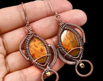 Gemstone Copper Wire Wrapped Earrings - Handmade Boho Dangle