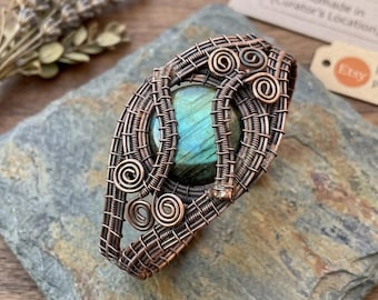 Natural Labradorite Gemstone Copper Wire Wrapped Adjustable Bracelet Bangle Cuff, Handmade Jewelry Gift