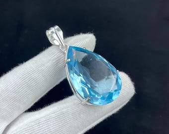 925 Sterling Silver Aquamarine Gemstone Antique Pendant, Handmade Jewelry For Gift