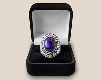 925 Sterling Silver Natural Purple Copper Turquoise Gemstone Ring, Handmade Jewelry For Gift