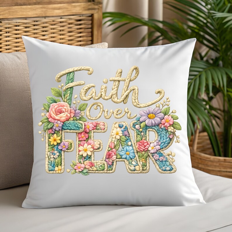 May include: White square pillow with the words "Faith Over Fear" in a decorative font. The letters are filled with colorful flowers and surrounded by floral accents, creating a vibrant and inspirational design.