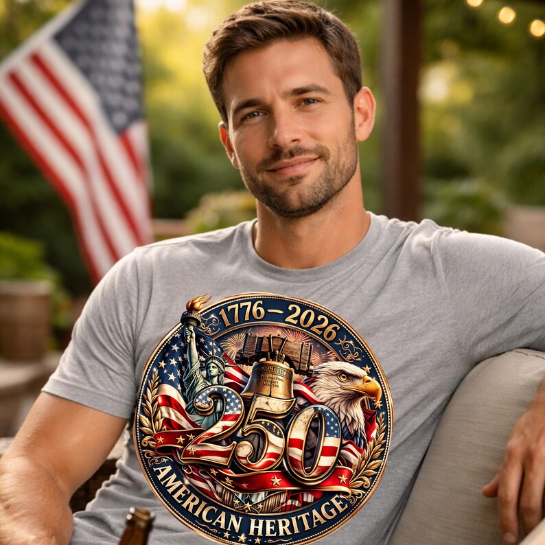 K&ouml;nnte beinhalten: Ein graues T-Shirt mit einem patriotischen Design. Das Design enth&auml;lt den Text "1776-2026 250 American Heritage", die Freiheitsstatue, die Liberty Bell, einen Adler und die amerikanische Flagge. Das T-Shirt wird von einer Person getragen.