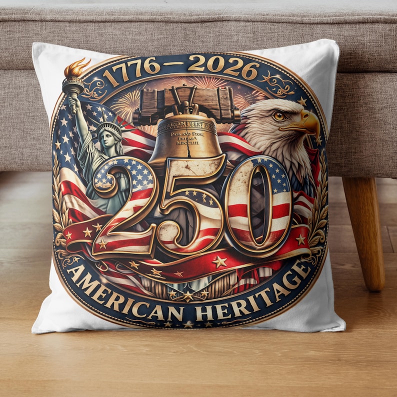 K&ouml;nnte beinhalten: Quadratisches wei&szlig;es Kissen mit patriotischem Design. Das Design zeigt den Text "1776-2026" und "250 AMERICAN HERITAGE" in einem kreisf&ouml;rmigen Emblem. Das Emblem enth&auml;lt die Freiheitsstatue, einen Adler und die Liberty Bell, in Rot, Wei&szlig; und Blau.