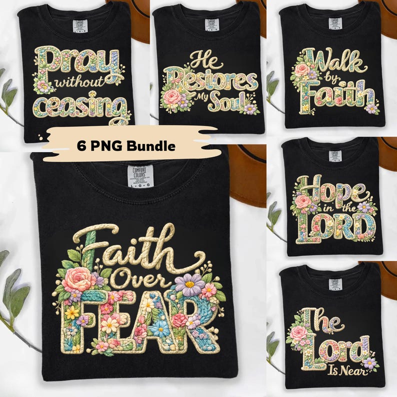 6 Faith Faux Yarn Crochet PNG Bundle, Floral Christian Knitted Designs, Retro Religious Sublimation for T-Shirt, Mug & Tote image 2