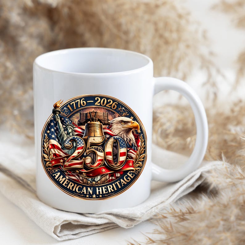 K&ouml;nnte beinhalten: Wei&szlig;e Keramik-Tasse mit patriotischem Design. Das Design enth&auml;lt den Text "1776-2026" und "250 AMERICAN HERITAGE" mit Bildern der Freiheitsstatue, eines Adlers und der Liberty Bell, vor dem Hintergrund der amerikanischen Flagge.