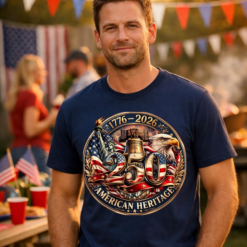 K&ouml;nnte beinhalten: Ein marineblaues T-Shirt mit einem patriotischen Design. Die Grafik enth&auml;lt den Text "1776-2026" und "250 AMERICAN HERITAGE" mit Bildern der Freiheitsstatue, der Liberty Bell und eines Adlers. Das T-Shirt wird von einer Person getragen.