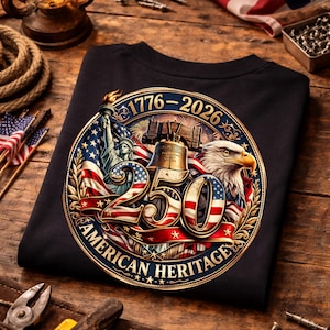 K&ouml;nnte beinhalten: Schwarzes T-Shirt mit einem patriotischen Design. Das Design zeigt die Freiheitsstatue, die Liberty Bell und einen Adler, mit dem Text "1776-2026" und "250 AMERICAN HERITAGE" in einem kreisf&ouml;rmigen Emblem.