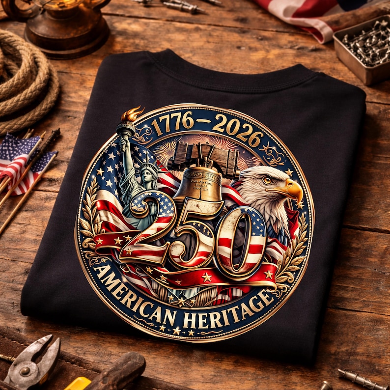 K&ouml;nnte beinhalten: Schwarzes T-Shirt mit einem patriotischen Design. Das Design zeigt die Freiheitsstatue, die Liberty Bell und einen Adler, mit dem Text "1776-2026" und "250 AMERICAN HERITAGE" in einem kreisf&ouml;rmigen Emblem.