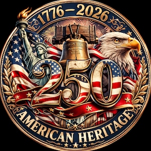 USA 250 American heritage design with eagle liberty bell statue of liberty and flag, patriotic 1776 2026 anniversary graphic for t shirt, 4th of July independence day artwork, premium americana badge design for mugs tote bags pillows, USA patriotic gift for veterans and collectors