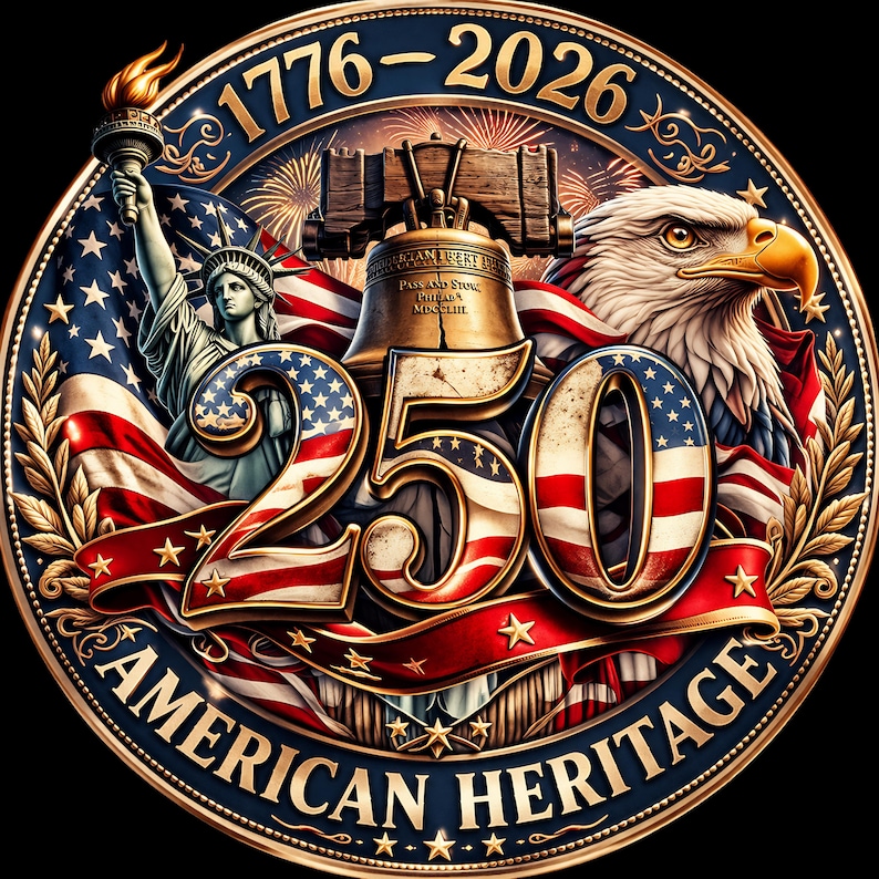 USA 250 American heritage design with eagle liberty bell statue of liberty and flag, patriotic 1776 2026 anniversary graphic for t shirt, 4th of July independence day artwork, premium americana badge design for mugs tote bags pillows, USA patriotic gift for veterans and collectors