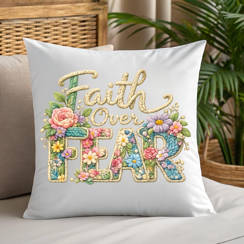 May include: White square pillow with the words "Faith Over Fear" in a decorative font. The letters are filled with colorful flowers and surrounded by floral accents, creating a vibrant and inspirational design.