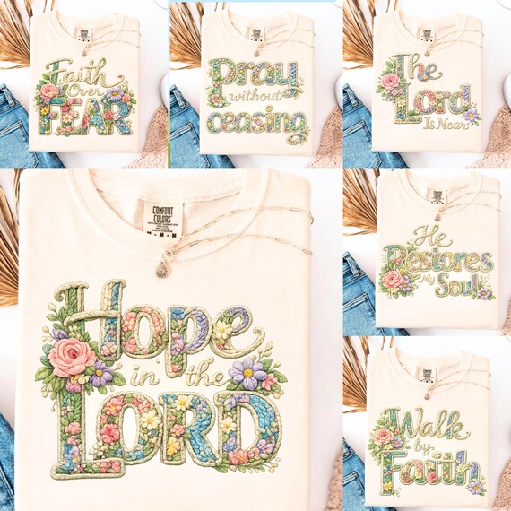 6 Faith Faux Yarn Crochet PNG Bundle, Floral Christian Knitted Designs, Retro Religious Sublimation for T-Shirt, Mug & Tote