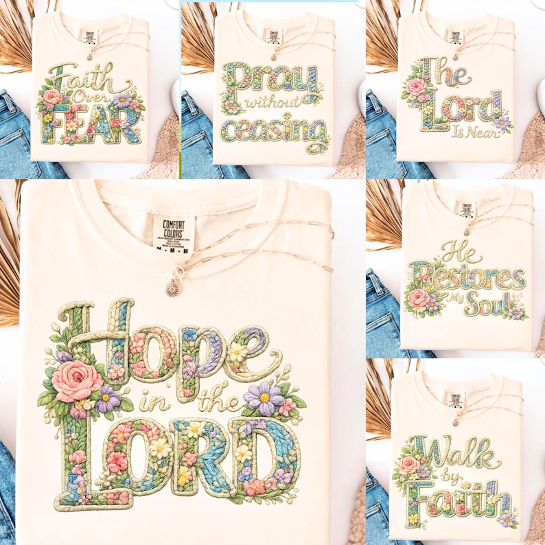 6 Faith Faux Yarn Crochet PNG Bundle, Floral Christian Knitted Designs, Retro Religious Sublimation for T-Shirt, Mug & Tote image 1