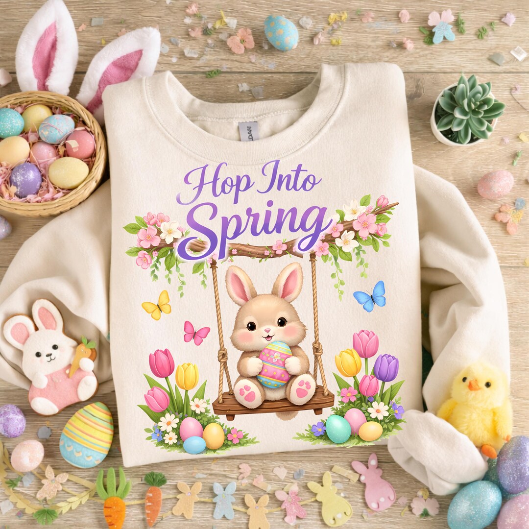 Hop Into Spring Easter PNG, Bunny Swing PNG, Spring Easter Preppy Png ...
