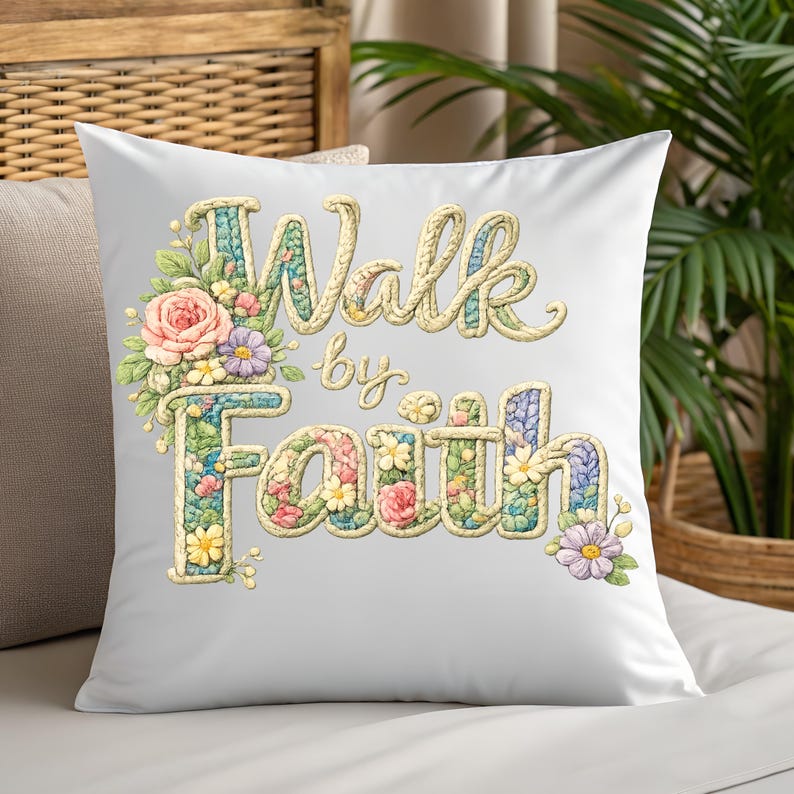 May include: White square pillow with the words "Walk by Faith" in a floral design. The text is in a textured, light yellow font, with colorful flowers and leaves surrounding the words. The pillow is on a white surface.