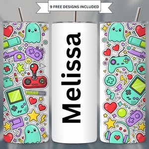 Vaso delgado personalizado de 20 oz con diseño de videojuego, nombre personalizado, sublimación sin costuras, PNG retro kawaii, descarga digital instantánea