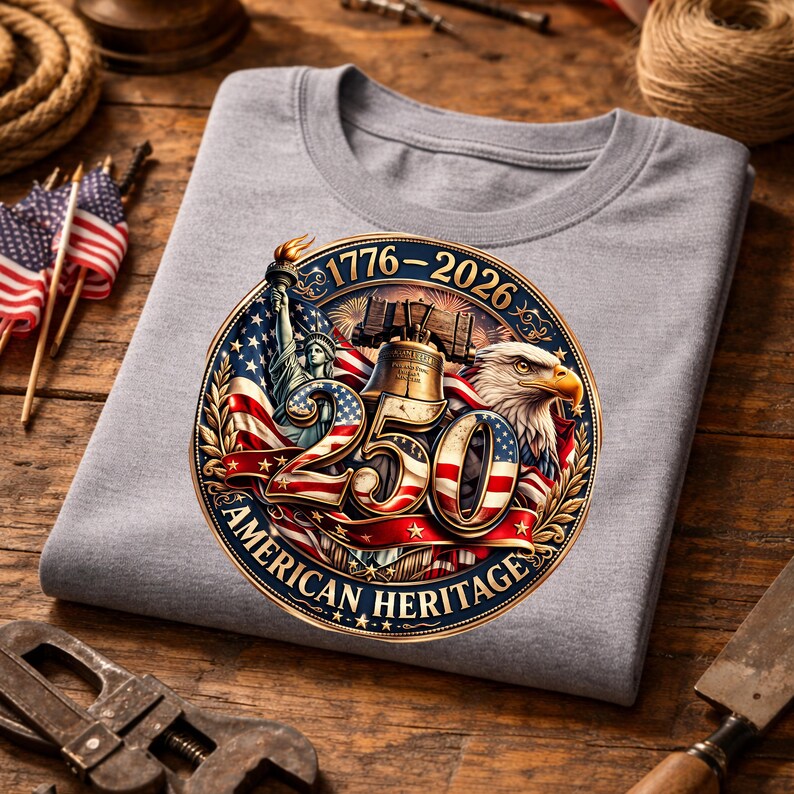K&ouml;nnte beinhalten: Ein graues T-Shirt mit einem kreisf&ouml;rmigen Design, das das 250-j&auml;hrige Jubil&auml;um des amerikanischen Erbes feiert. Das Design zeigt die Freiheitsstatue, die Liberty Bell, einen Adler und die amerikanische Flagge, mit dem Text "1776-2026" und "American Heritage."