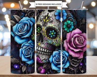 Día de los Muertos Suikerschedel Tumbler Wrap Dag van de Doden Bloemen Gotisch Kleurrijk Sublimatieontwerp Mexicaans Erfgoed 20oz Smal PNG