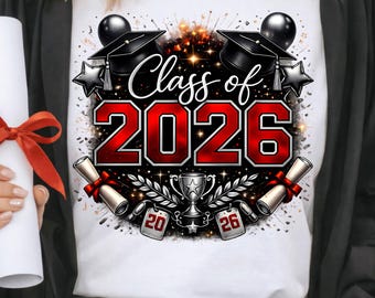 Senior 2026 Varsity Graduation PNG Bold Red Black Class of 2026 Athlete Style Shirt Design Print File DTF Download
