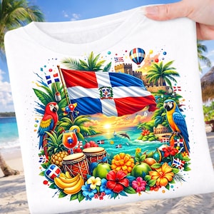 May include: White t-shirt featuring a vibrant graphic of the Dominican Republic flag, a tropical beach scene, parrots, and musical instruments. The design includes a sunset, palm trees, and colorful flowers.