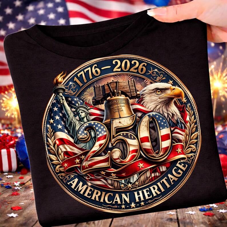 K&ouml;nnte beinhalten: Schwarzes T-Shirt mit einem patriotischen Design, das 250 Jahre amerikanisches Erbe feiert. Die Grafik zeigt die Freiheitsstatue, einen Adler, die Liberty Bell und die amerikanische Flagge mit den Jahren 1776-2026.