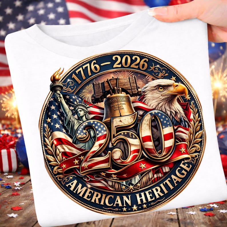 K&ouml;nnte beinhalten: Wei&szlig;es T-Shirt mit einem patriotischen Design. Das Design zeigt die Freiheitsstatue, die Liberty Bell, einen Adler und den Text "250 AMERICAN HERITAGE 1776-2026" in einem kreisf&ouml;rmigen Emblem in Rot, Wei&szlig; und Blau.