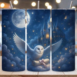 Fantasy Night Sky Owl Castle Tumbler Wrap 20oz PNG Sublimation Wrap Magical Moonlight Design Instant Download