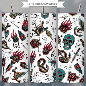 Old School Tattoo Flash 20oz Skinny Tumbler Wrap Sublimation PNG Tattoo Artist Seamless pattern Design Digital Download for Tattoo Lover