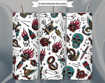 Old School Tattoo Flash 20 Unzen Skinny Tumbler Wrap Sublimation PNG Tattoo Künstler Nahtlose Muster Design Digitaler Download für Tattoo-Liebhaber