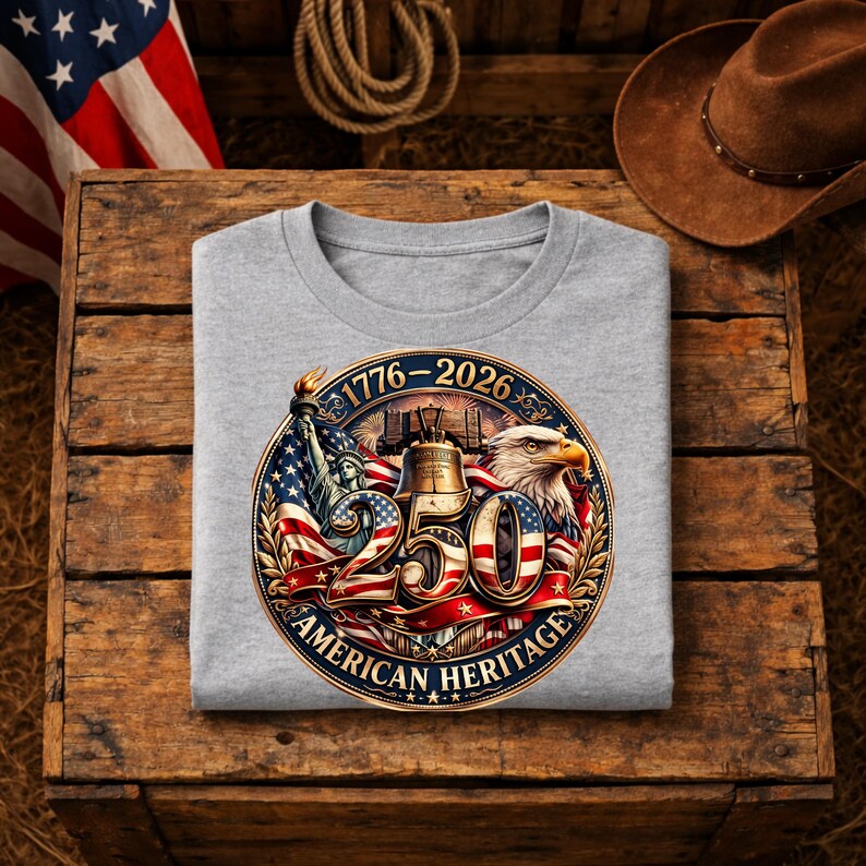 K&ouml;nnte beinhalten: Ein graues T-Shirt mit einem kreisf&ouml;rmigen Grafikdesign, das das 250-j&auml;hrige Jubil&auml;um des amerikanischen Erbes feiert. Das Design zeigt die Freiheitsstatue, die Liberty Bell, einen Adler und die amerikanische Flagge. Der Text "1776-2026" und "American Heritage" sind ebenfalls enthalten.