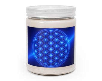 Royal Blue Flower of Life Soy Candle — 9oz Scented Jar with White Lid