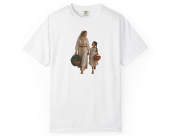 Mom and Daughter Basket Walk T-Shirt | Vintage Family Illustration
