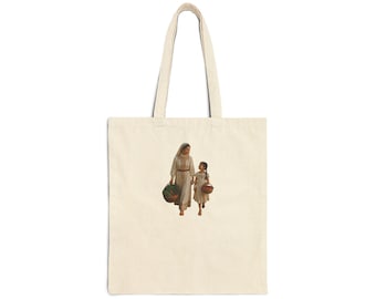 Mother and Child Vintage Illustration Tote Bag | Nursery Art, Hand-Drawn Scene